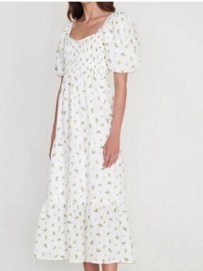 Faithfull The Brand Smocked Puff Sleeve Brand Gianna Midi Floral Dress, Size 2